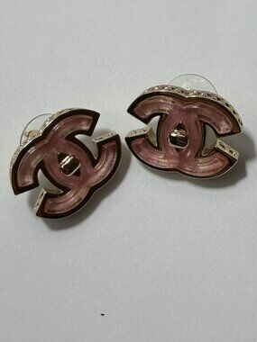 Chanel Pink Enamel CC Gold Earrings